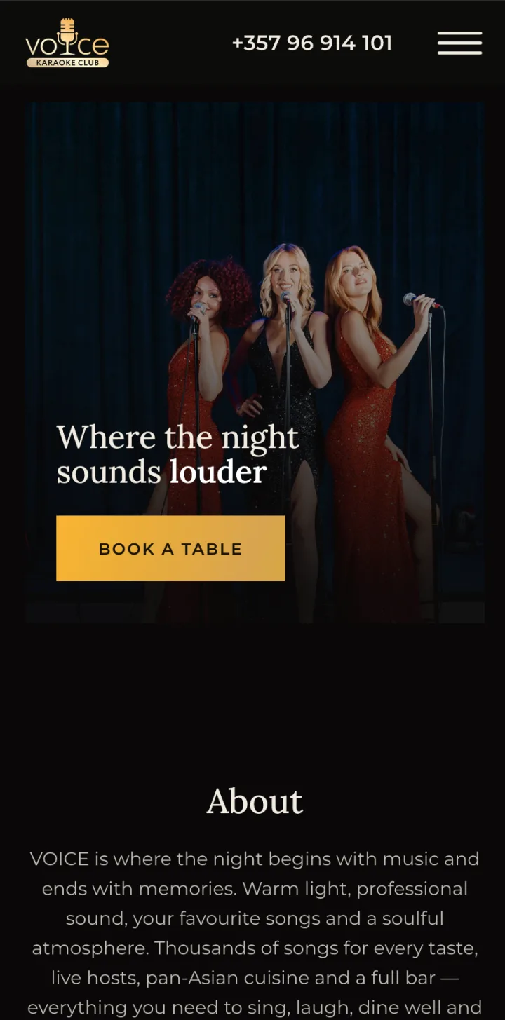 Rebuilt karaoke club website on a phone, hero and booking button fitting the screen